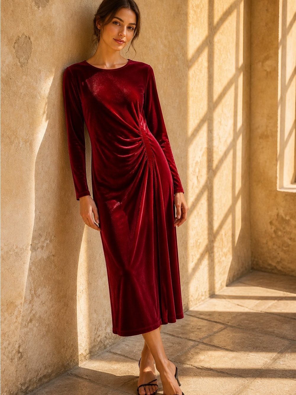 Loft Velour Long Sleeve Quiet Luxury Women’s 8 Ruched Slit Side Midi Dress